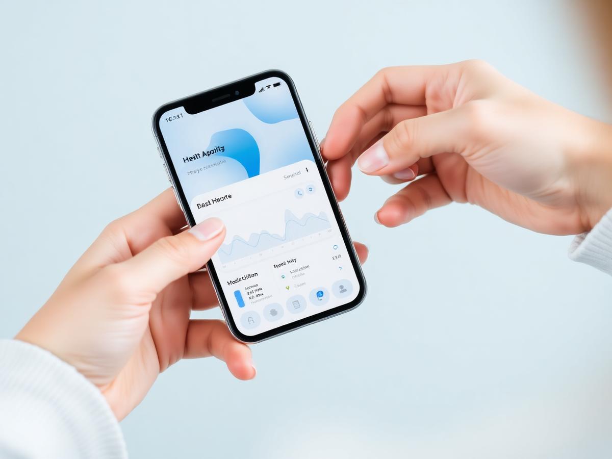 Hands holding a smartphone with a healthcare information app